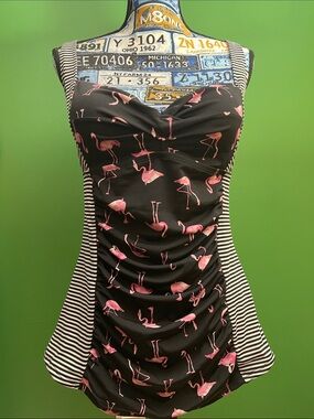 TORRID Plus Sz 0 Black Stipe and Flamingo Print Ruched Tankini Swim Top